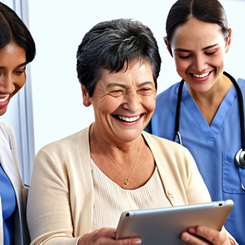 Elderly woman smiling while confidently using a tablet computer, surrounded by supportive classmates and a patient instructor. The scene emphasizes digital literacy and lifelong learning in a high-tech classroom environment.
