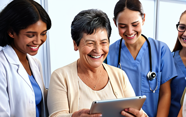 Elderly woman smiling while confidently using a tablet computer, surrounded by supportive classmates and a patient instructor. The scene emphasizes digital literacy and lifelong learning in a high-tech classroom environment.