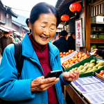 An elderly Korean woman, appearing confident and joyful, stands in a bustling traditional market. She is actively using a smartphone to read a shopping list and calculate prices, symbolizing her newfound independence and practical life skills gained through literacy. The scene is bright and warm, capturing a sense of accomplishment and improved daily life.