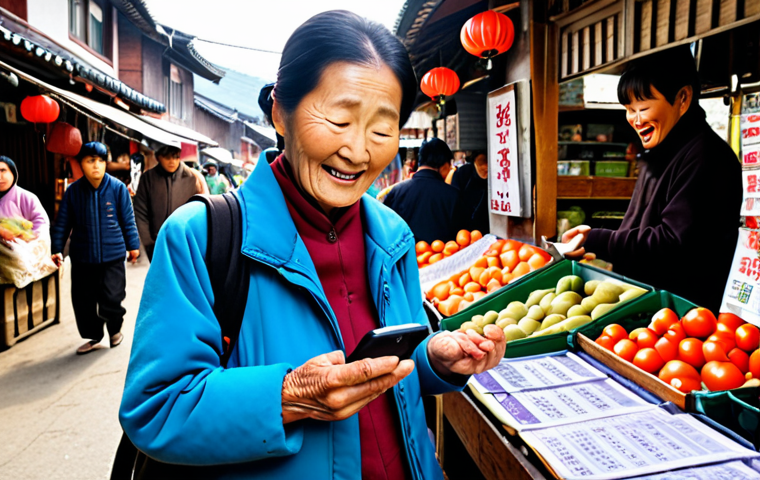 An elderly Korean woman, appearing confident and joyful, stands in a bustling traditional market. She is actively using a smartphone to read a shopping list and calculate prices, symbolizing her newfound independence and practical life skills gained through literacy. The scene is bright and warm, capturing a sense of accomplishment and improved daily life.
